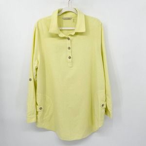 Soft‎ Surroundings Tunic Top Size L Yellow Cotton Roll Tab Sleeve Side Pockets